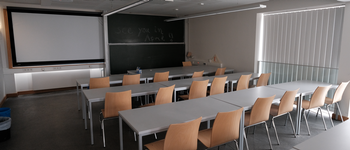 leerer Seminarraum mit Tafel im Hintergrund und 3 Tisch- bzw. Stuhlreihen